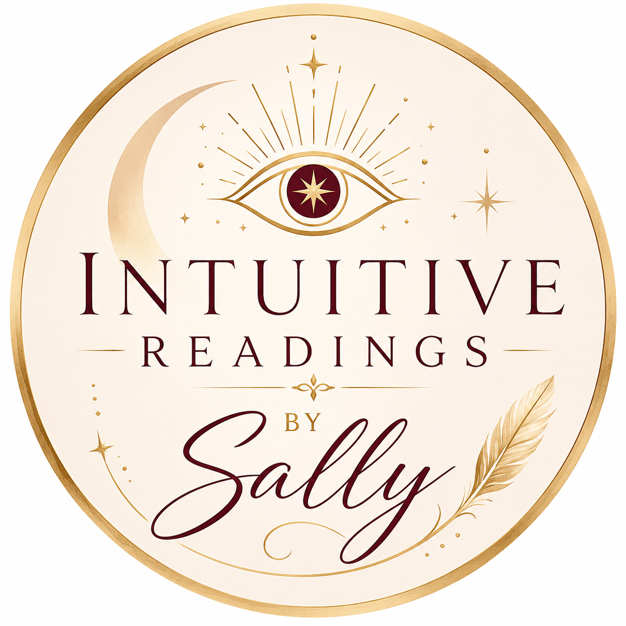 Intuitive Readings by Sally logo with gold celestial eye, crescent moon, stars and feather